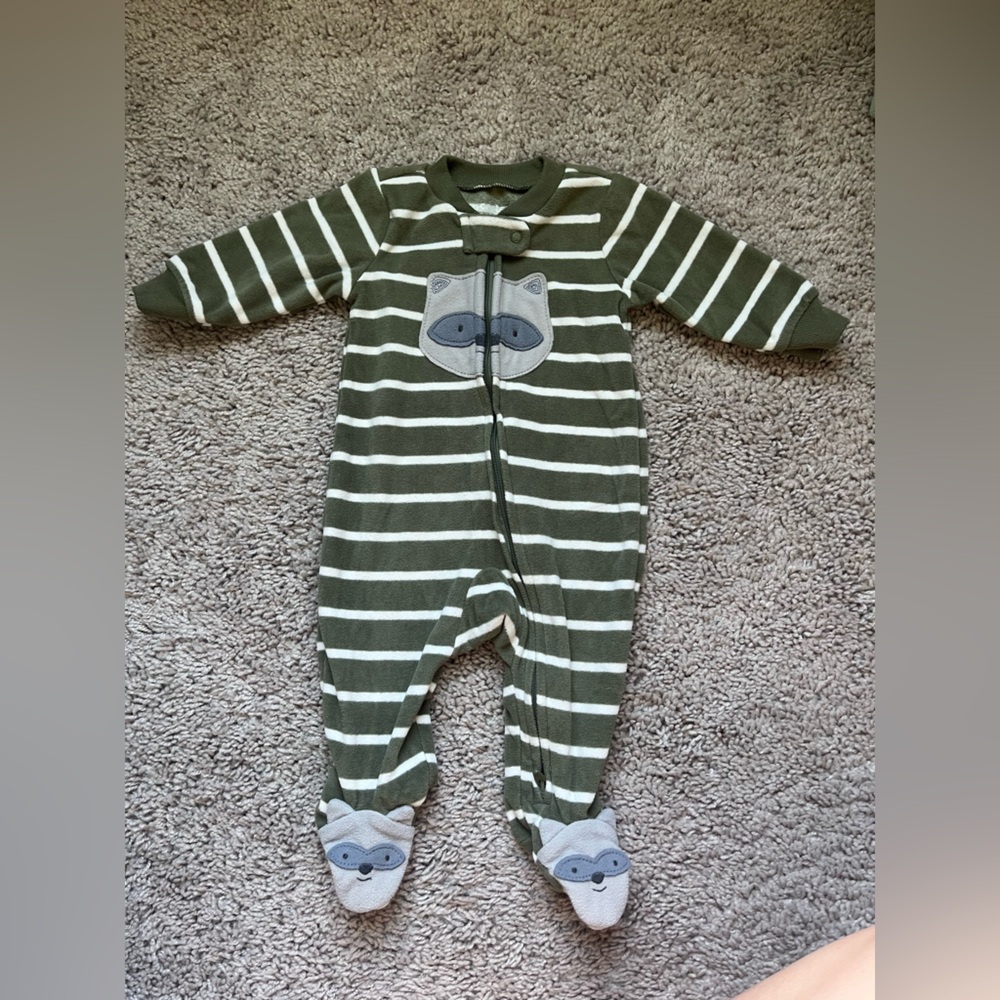 Carter's Olive and White Striped Footie with Raccoon Design